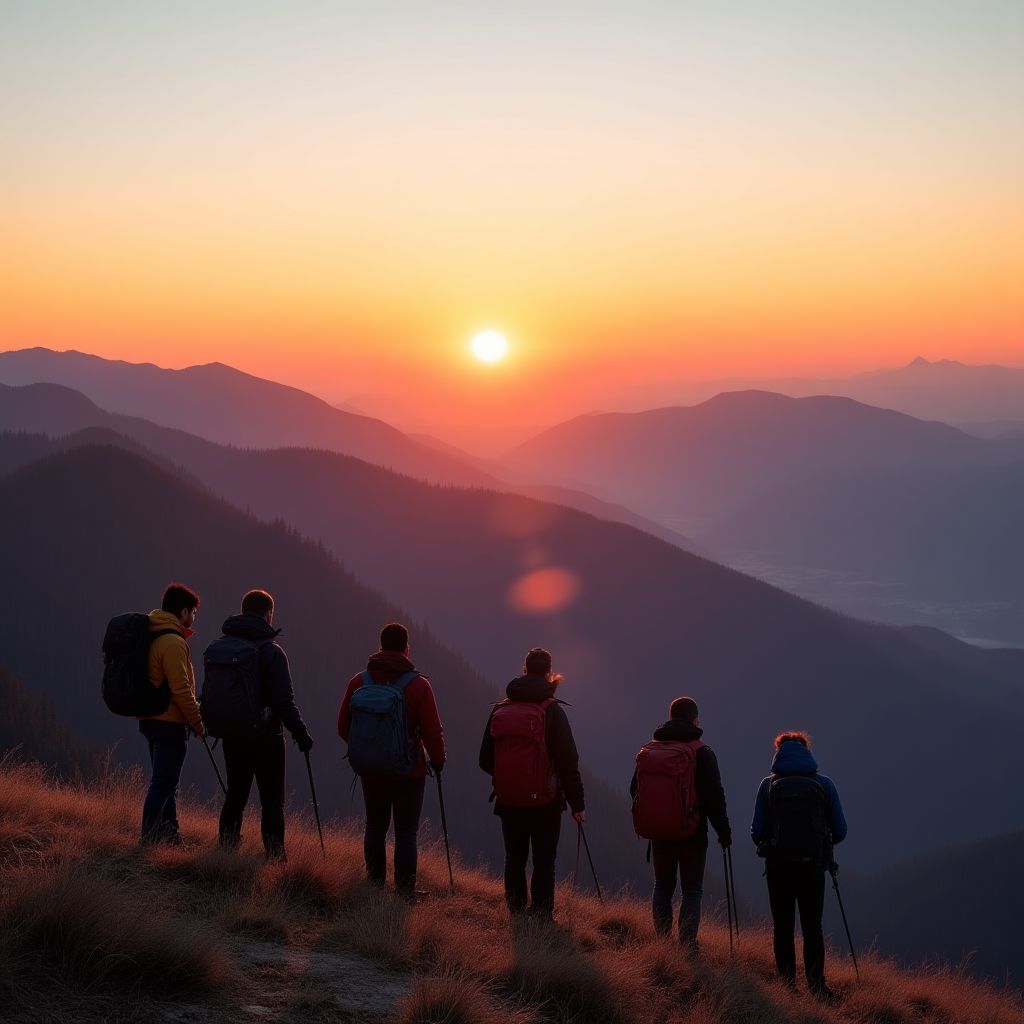Grupa wspinaczy podziwiająca wschód słońca w górach